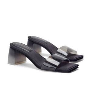 Good American Black and Clear Block Heel Sandals